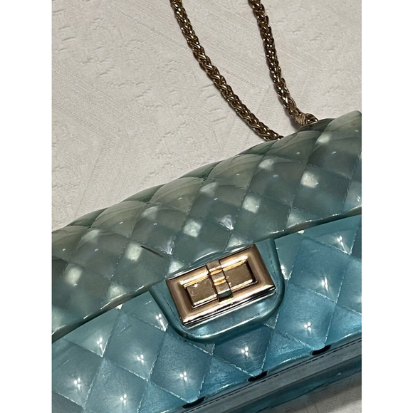 Women Blue Tint Jelly Bag Gradient Crossbody Small Clutch w/ Gold Chains USED - Picture 2 of 11